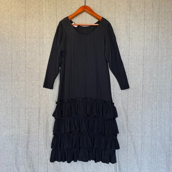 Vintage Anna Bella Designs Black Rayon Long Puff Sleeve Ruffle Hem Maxi Dress - Picture 1 of 11